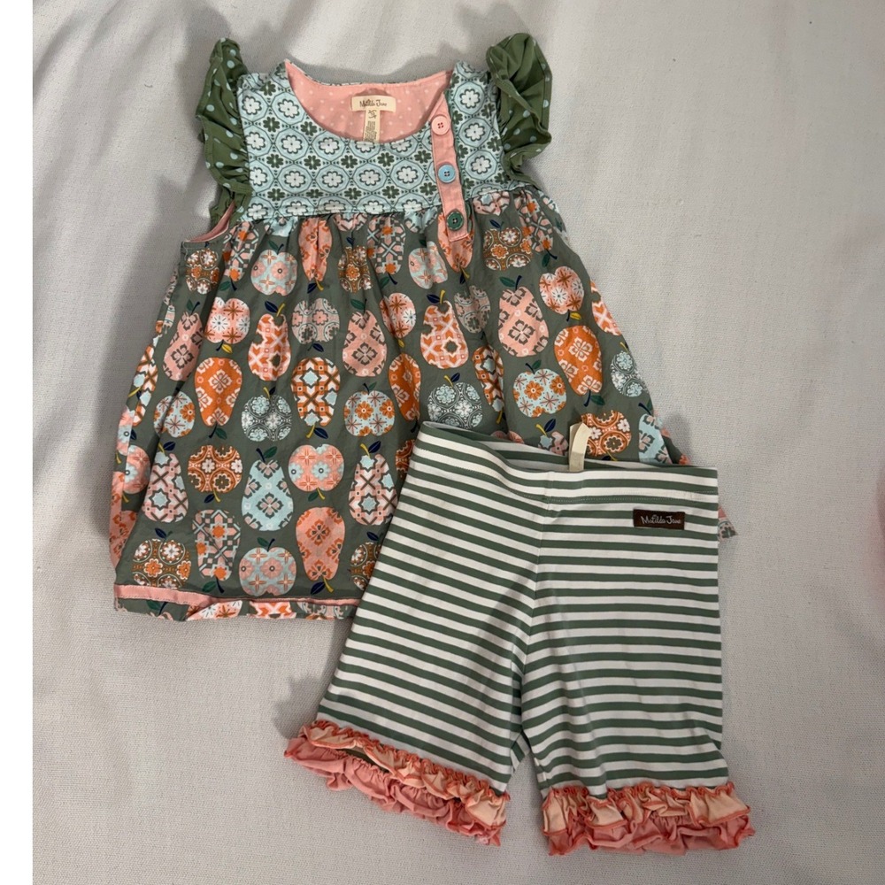 Matilda Jane Girls Pear Floral Tunic and Striped Ruffle Shorts Set Size 10 Multi